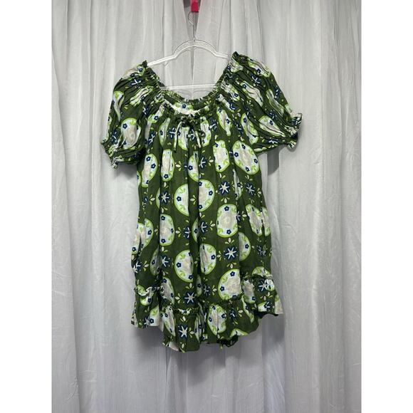 Innika Choo Dress 100% Linen Floral Dart Off Shoulder Mini Dress Boho Chic Green - Picture 1 of 13